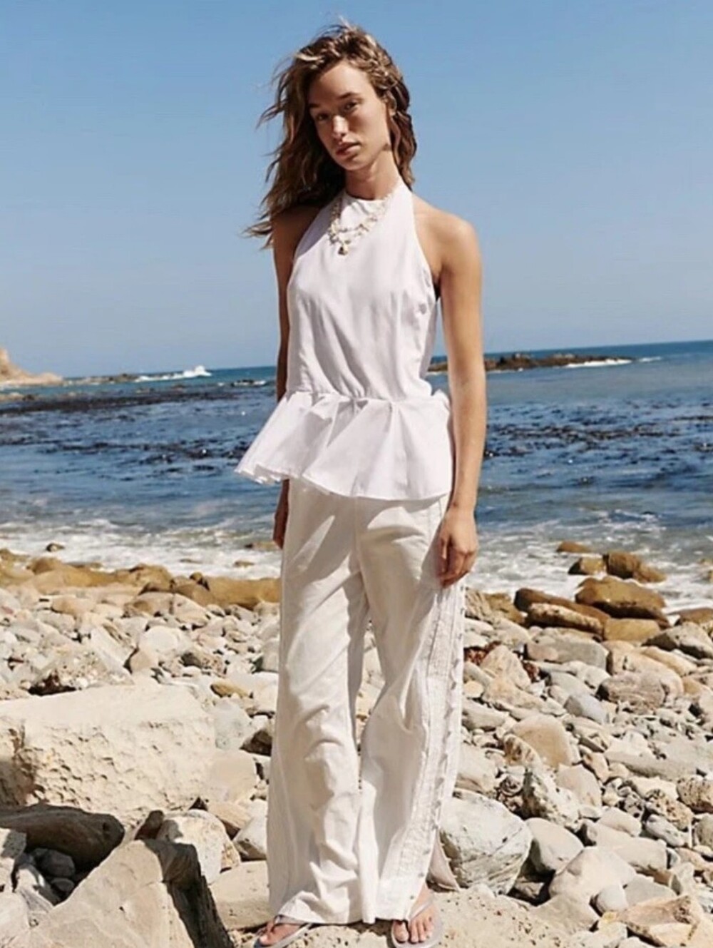 FREE PEOPLE Printemps Moment Halter Tie Back Peplum Top Blouse